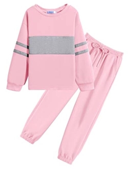 Yimoroe 2 Piece Girl's Tracksuit Sweatsuits Color Block Sweatshirts Sweatpants Activewear Pant Set