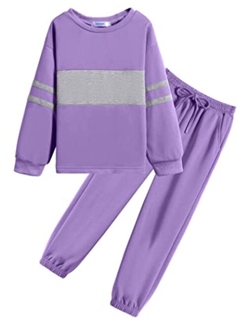 Yimoroe 2 Piece Girl's Tracksuit Sweatsuits Color Block Sweatshirts Sweatpants Activewear Pant Set