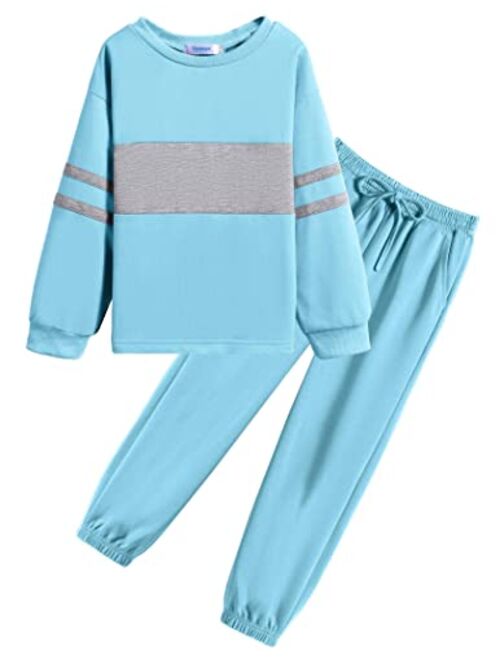 Yimoroe 2 Piece Girl's Tracksuit Sweatsuits Color Block Sweatshirts Sweatpants Activewear Pant Set