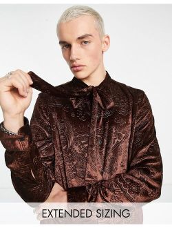 paisley embossed velvet shirt with tie neck in brown