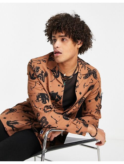 ASOS DESIGN relaxed revere shirt in brown with celestial print