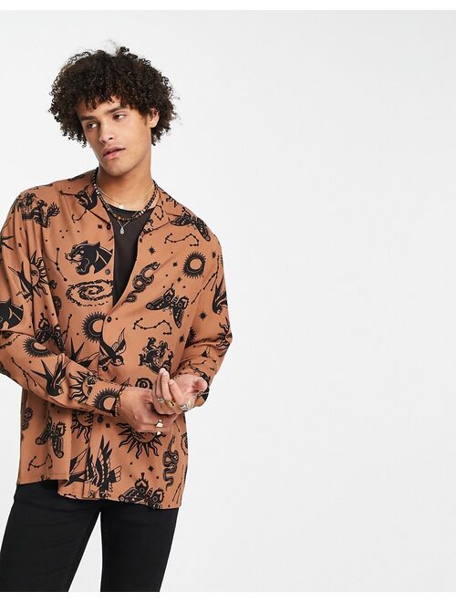 ASOS DESIGN relaxed revere shirt in brown with celestial print