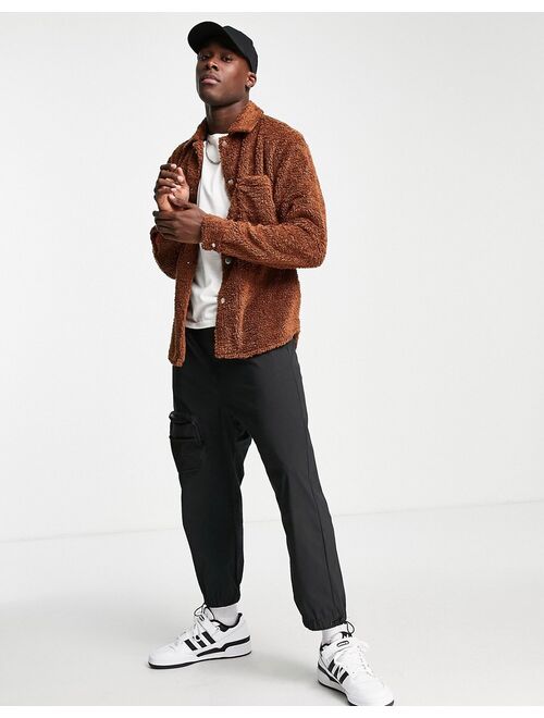 ASOS DESIGN teddy fleece overshirt in brown