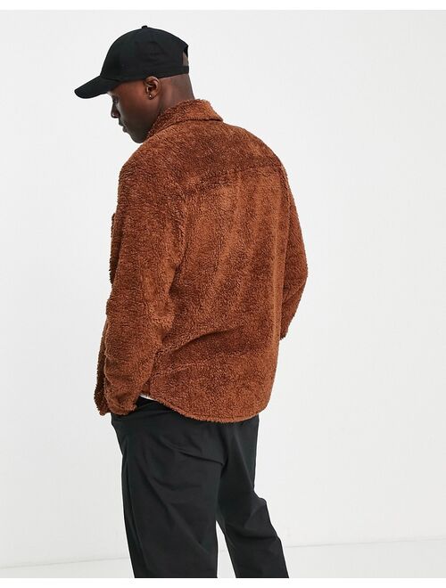 ASOS DESIGN teddy fleece overshirt in brown