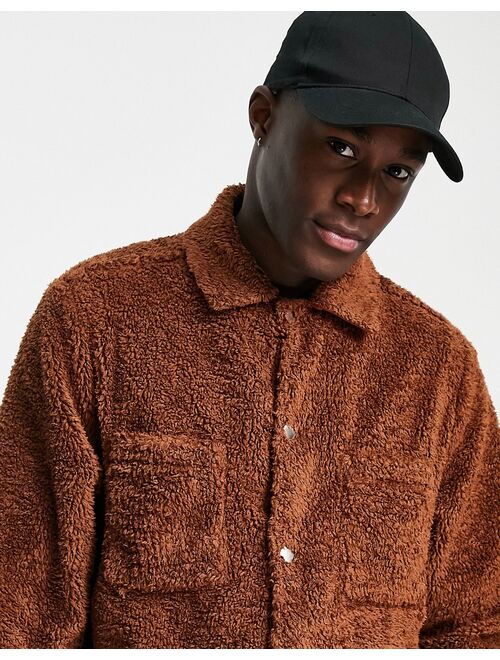 ASOS DESIGN teddy fleece overshirt in brown