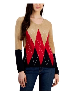 Women's Cotton Colorblocked Argyle Sweater