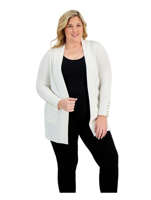 JM COLLECTION Plus Size Button-Sleeve Flyaway Cardigan Sweater, Created for Macy's