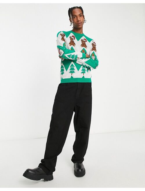 ASOS DESIGN fluffy knit Chrismas sweater with teddy & snowman design