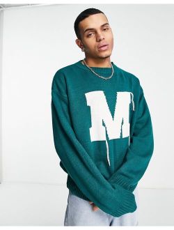 Mennace varsity knitted sweater in green with off white embroidery