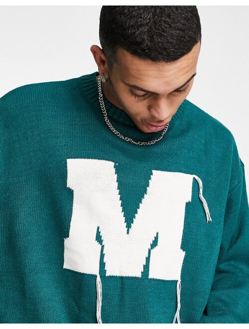 Mennace varsity knitted sweater in green with off white embroidery