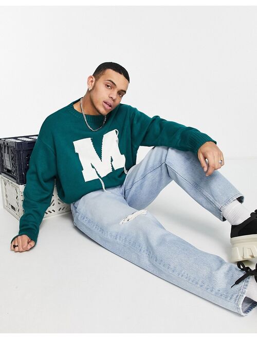 Mennace varsity knitted sweater in green with off white embroidery