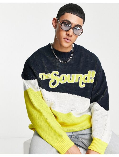 Topman knit crew neck sweater with 'The Sound' text in navy