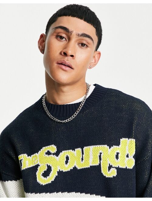 Topman knit crew neck sweater with 'The Sound' text in navy