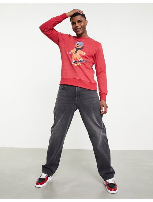 Jack & Jones Originals Christmas sweatshirt with gingerbread man print in red