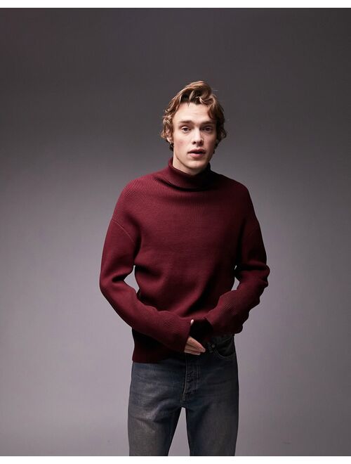 Topman knitted rib roll neck sweater in burgundy