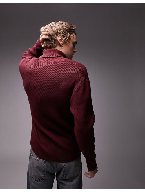 Topman knitted rib roll neck sweater in burgundy