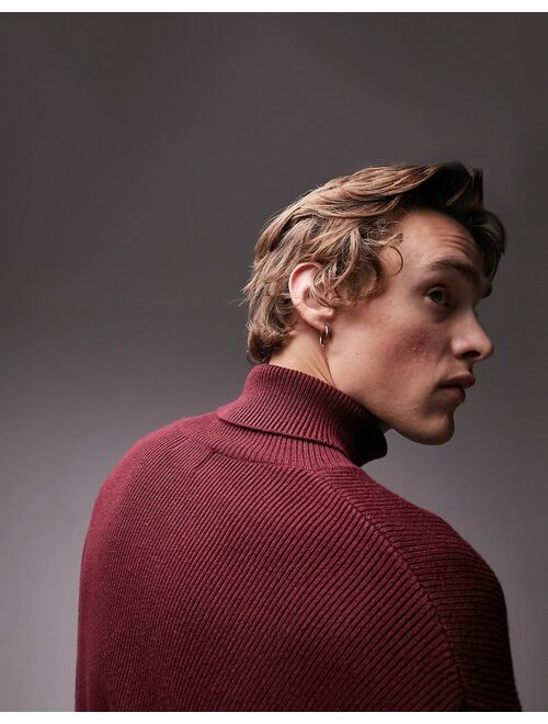 Topman knitted rib roll neck sweater in burgundy