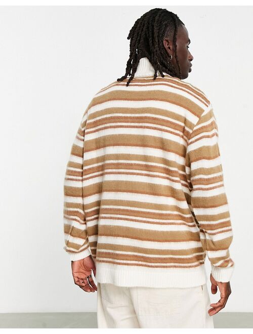 Topman brushed knit stripe turtle neck sweater in brown