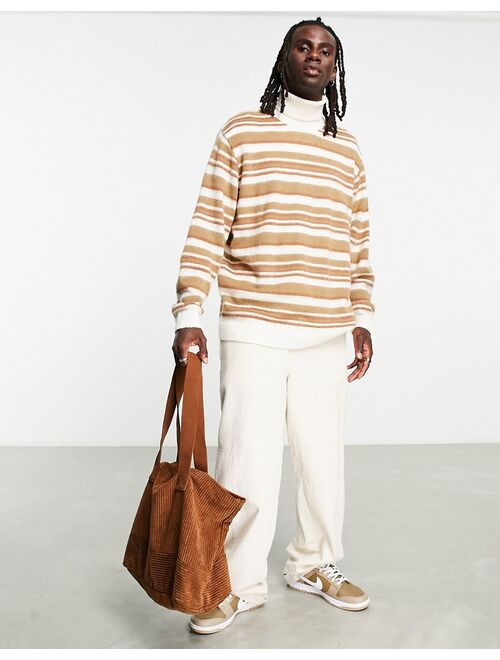 Topman brushed knit stripe turtle neck sweater in brown