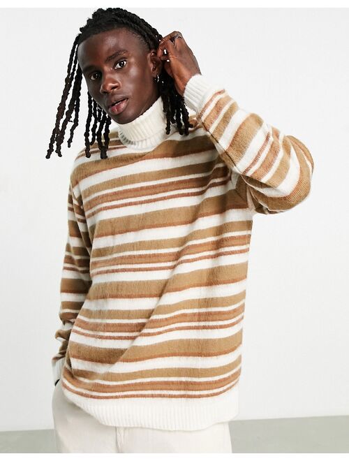 Topman brushed knit stripe turtle neck sweater in brown