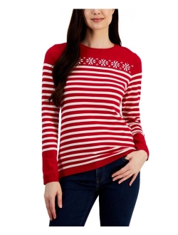 Women's Striped Printed Cotton Snowflake Sweater