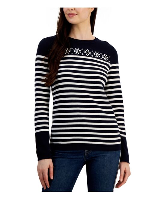 TOMMY HILFIGER Women's Striped Printed Cotton Snowflake Sweater