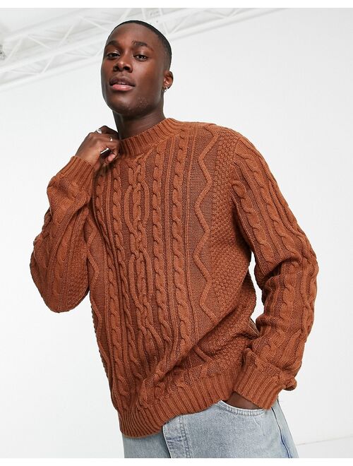 ASOS DESIGN heavyweight cable knit turtle neck sweater in brown