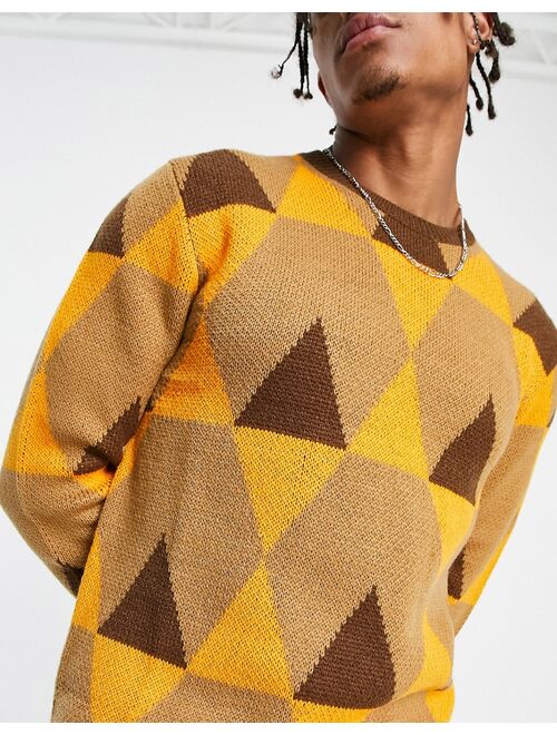 ASOS DESIGN knitted geo print sweater in earthy tones