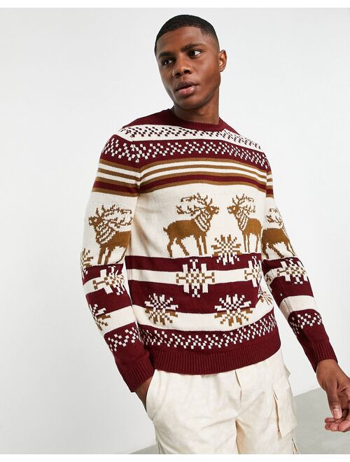 ASOS DESIGN knitted christmas sweater with fairisle stag in red