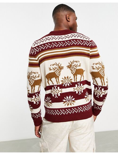 ASOS DESIGN knitted christmas sweater with fairisle stag in red