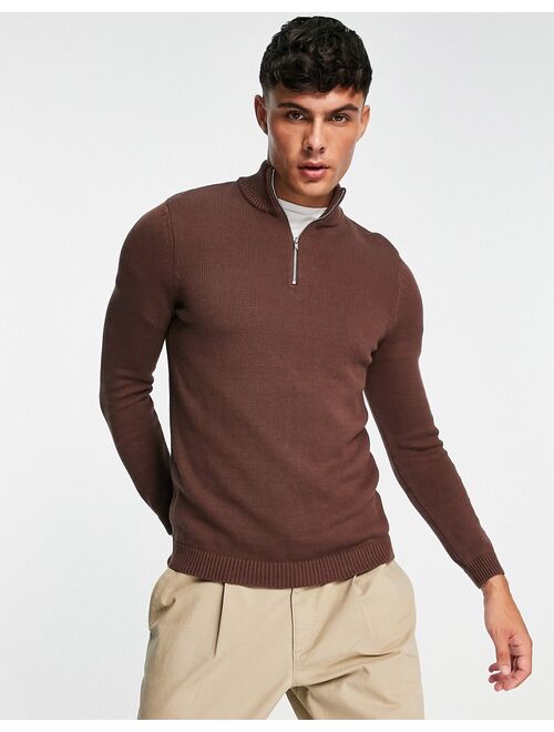 ASOS DESIGN midweight half zip cotton sweater in brown