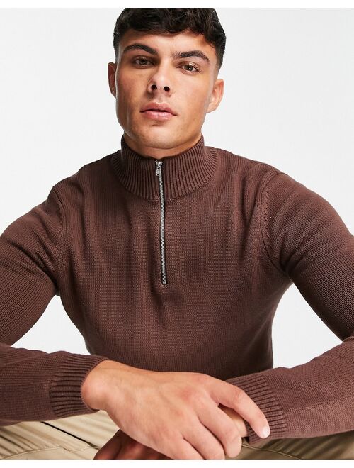 ASOS DESIGN midweight half zip cotton sweater in brown