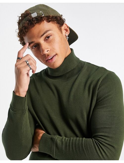 Topman essential knitted roll neck sweater in khaki