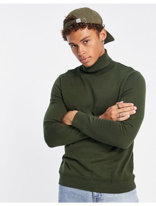 Topman essential knitted roll neck sweater in khaki