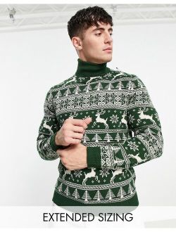 knitted christmas sweater with fairisle stag in green