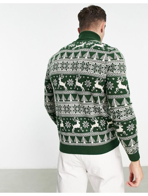 ASOS DESIGN knitted christmas sweater with fairisle stag in green