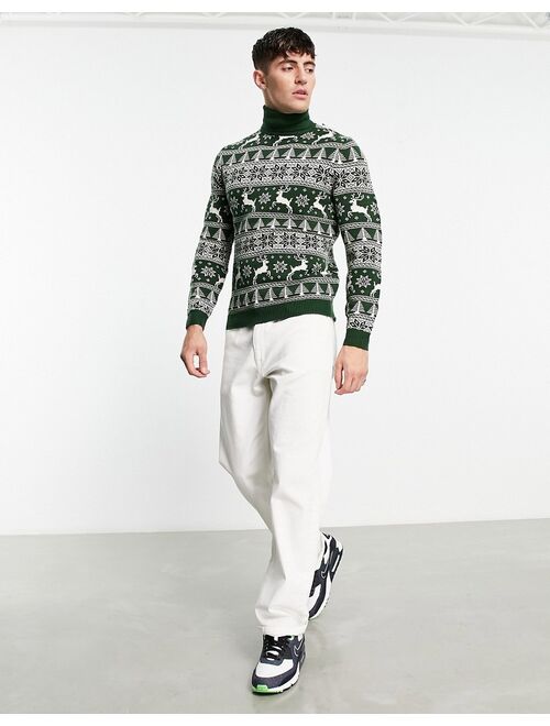 ASOS DESIGN knitted christmas sweater with fairisle stag in green