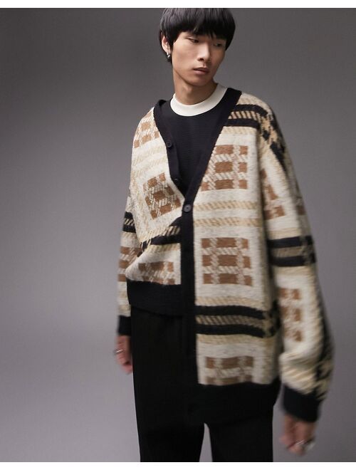 Topman knit fluffy check cardigan in brown