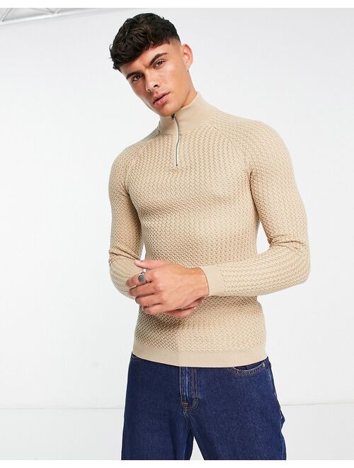 ASOS DESIGN muscle fit textured knit half zip sweater in oatmeal