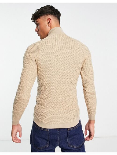 ASOS DESIGN muscle fit textured knit half zip sweater in oatmeal