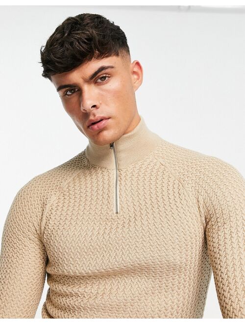 ASOS DESIGN muscle fit textured knit half zip sweater in oatmeal