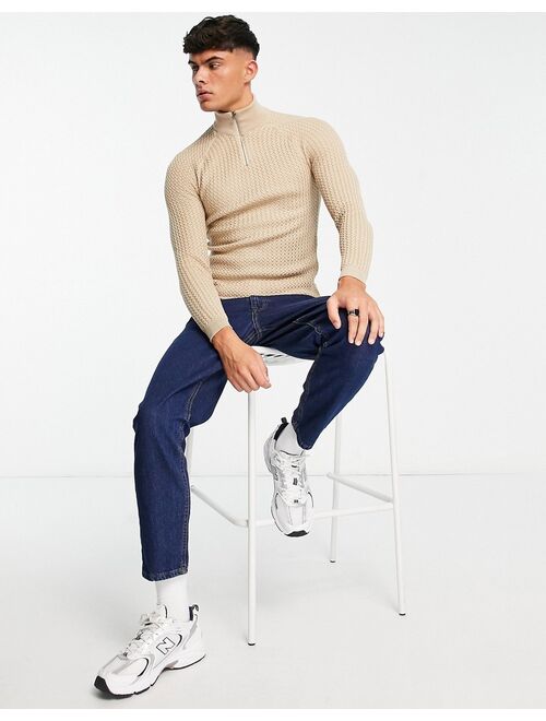 ASOS DESIGN muscle fit textured knit half zip sweater in oatmeal