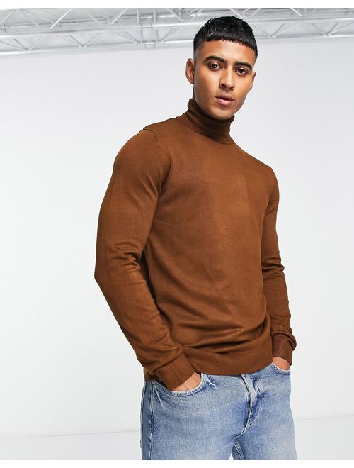 Pull&Bear roll neck sweater in brown exclusive at ASOS