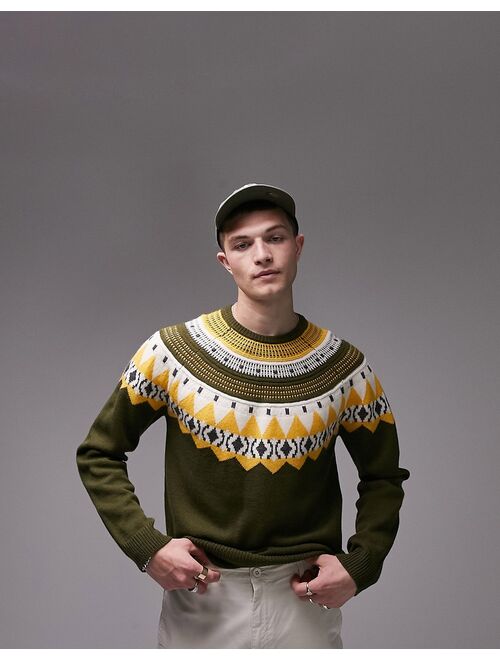 Topman fairisle crew sweater in khaki