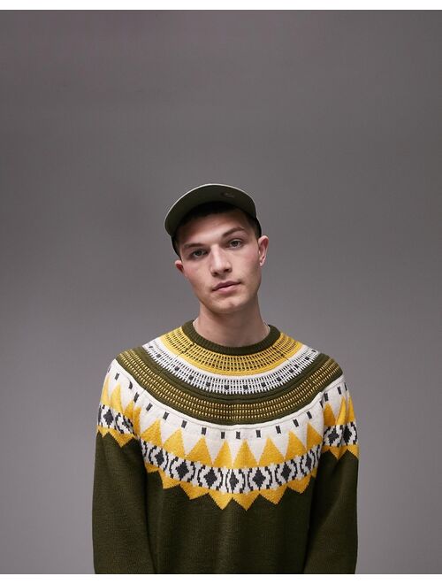 Topman fairisle crew sweater in khaki