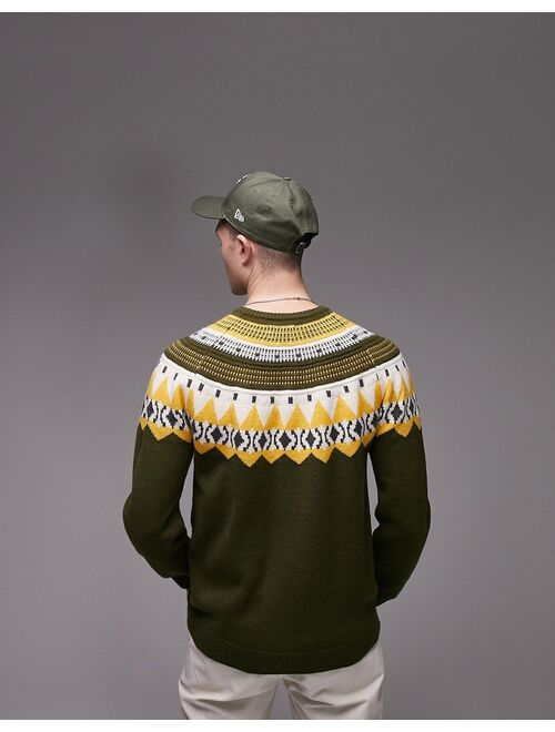 Topman fairisle crew sweater in khaki