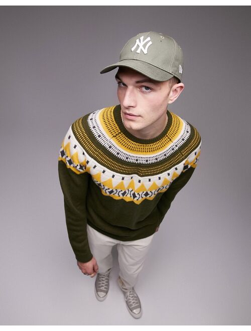 Topman fairisle crew sweater in khaki