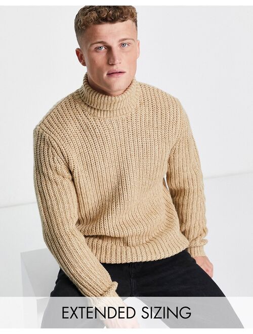 ASOS DESIGN heavyweight fisherman rib roll neck sweater in light brown