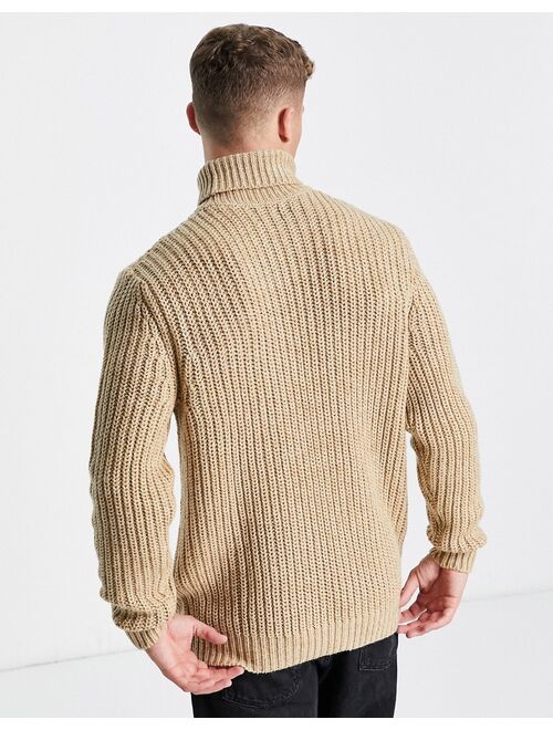 ASOS DESIGN heavyweight fisherman rib roll neck sweater in light brown