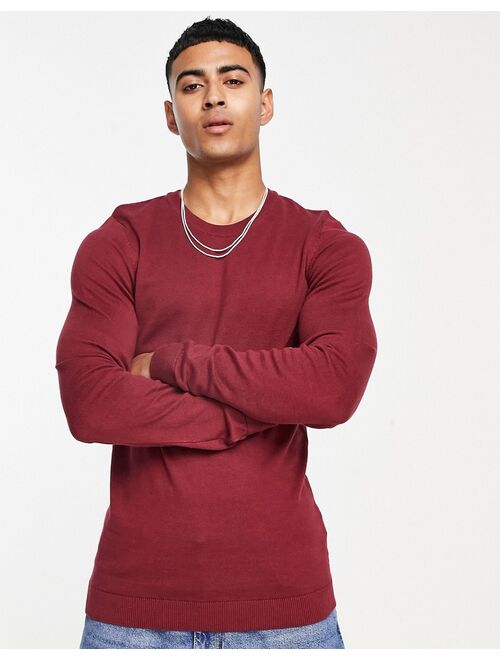 New Look muscle fit knitted sweater in burgundy